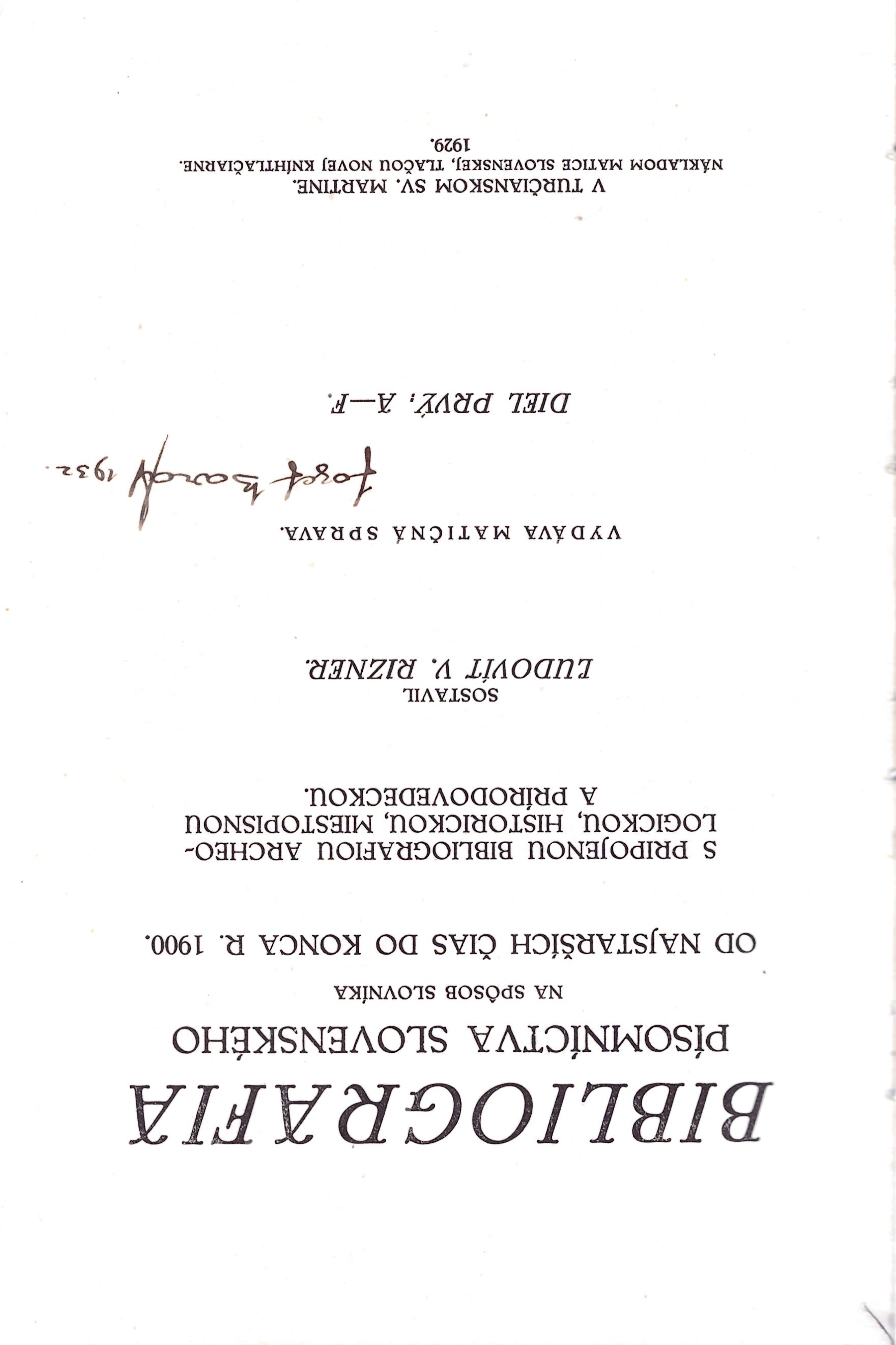 Ľudovíť V. Rizner: Bibliografia písomníctva slovenského, 1. diel A - F